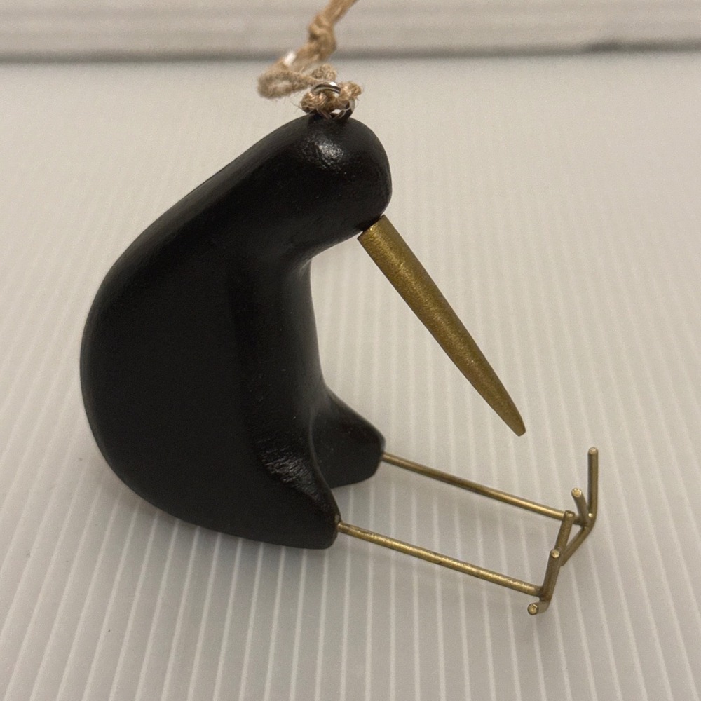 Crate and Barrel Kiwi Bird Ornament Black Excellent Gold Accents Wooden